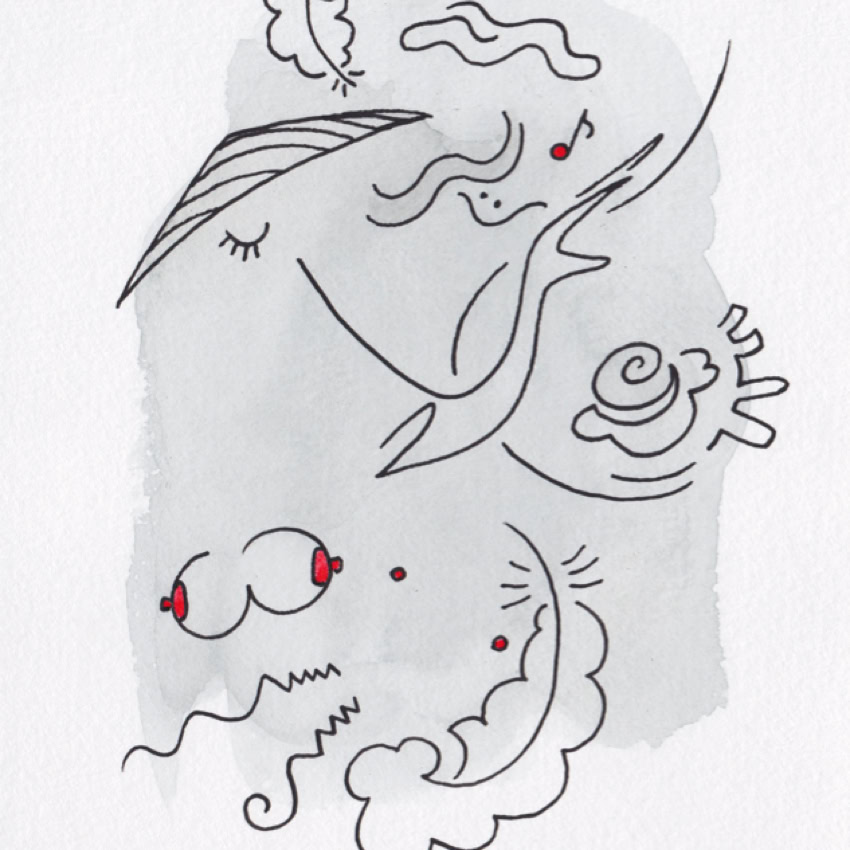 Dessin abstrait avec des lignes noires et des touches de rouge sur un fond gris clair.