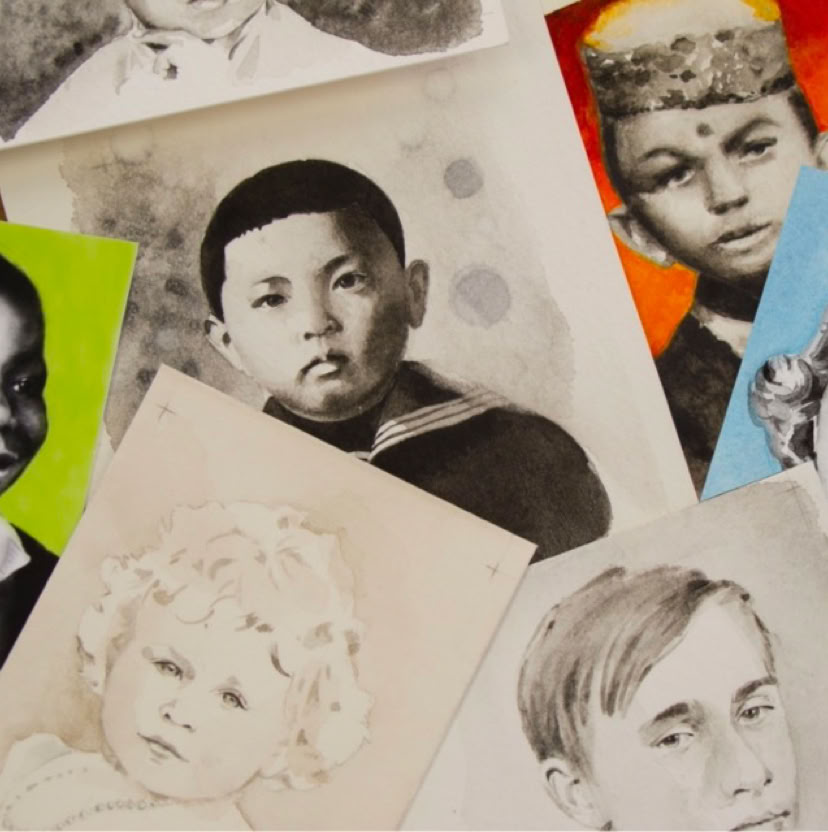 Portraits de personnalité à l'âge de l'enfance. Aquarelle miniature au format Art Trading Card, photographié et agrandi par impression sur papier aquarelle en grand format. Exposition à la Galerie de l'Artsenal (2018)