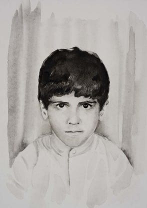 Illustration de la série *Enfance sans biographiel* par Denis Tcheskiss. Aquarelle miniature au format Artist Trading Card 63 x 89 mm. Exposition : 2018. Galerie de l'Artsenal. Delémont