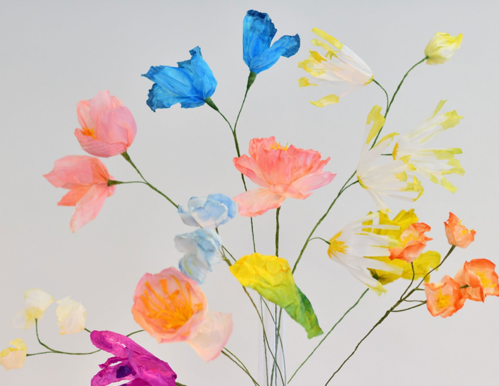 Installation suspendue de sculpture de fleurs en papier. Photographies.