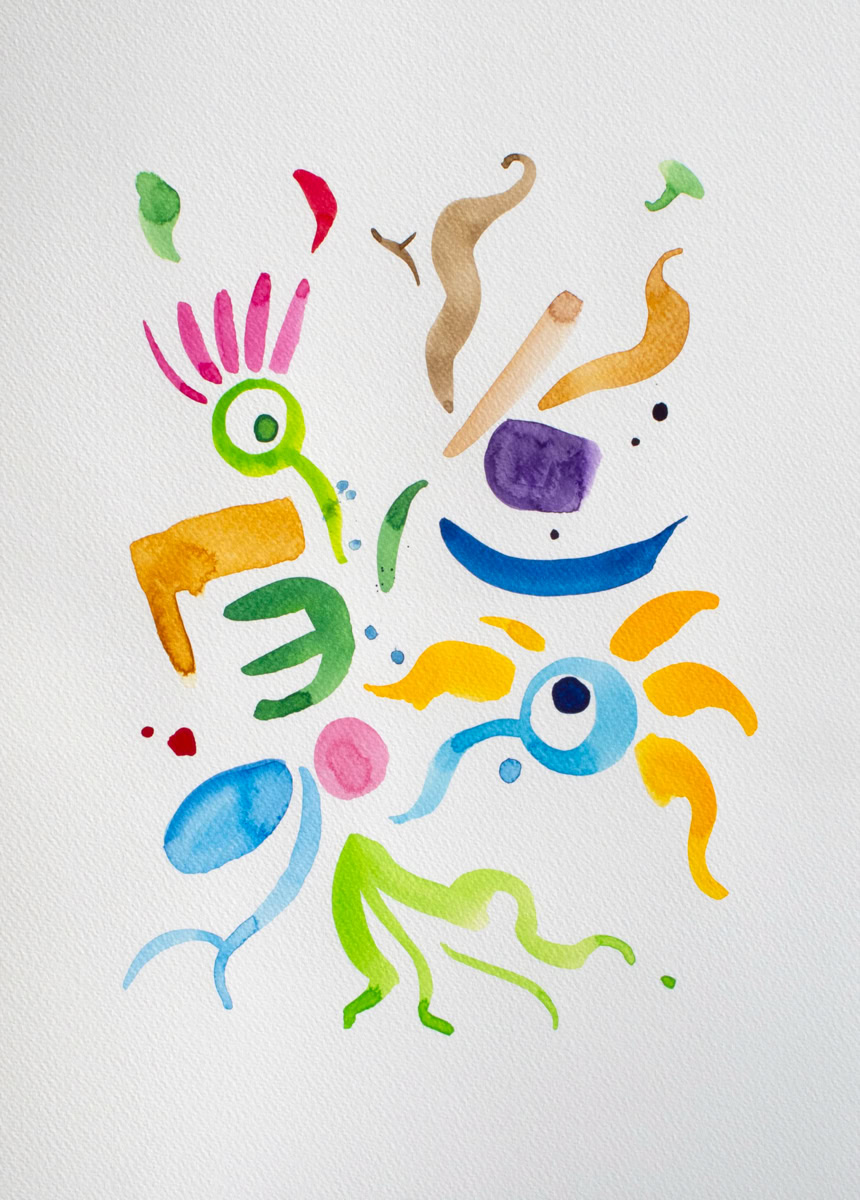 Illustration abstraite avec des formes colorées et variées sur fond blanc.