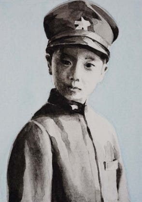 Illustration de la série *Enfance sans biographiel* par Denis Tcheskiss. Aquarelle miniature au format Artist Trading Card 63 x 89 mm. Exposition : 2018. Galerie de l'Artsenal. Delémont