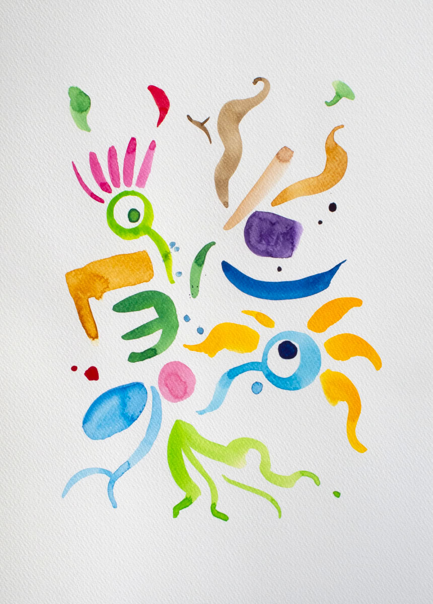 Illustration abstraite avec des formes colorées et variées sur fond blanc.
