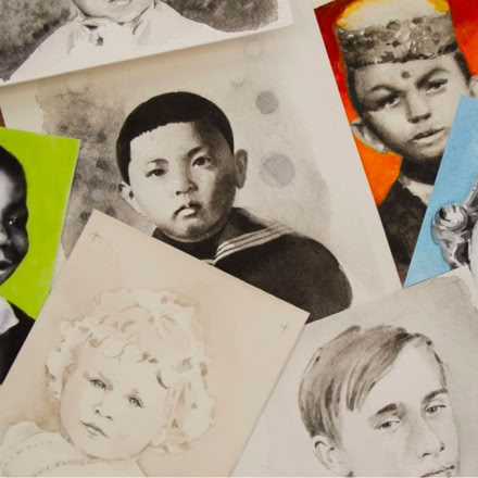 Portraits de personnalité à l'âge de l'enfance. Aquarelle miniature au format Art Trading Card, photographié et agrandi par impression sur papier aquarelle en grand format. Exposition à la Galerie de l'Artsenal (2018)