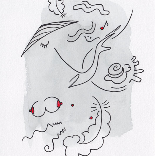 Dessin abstrait avec des lignes noires et des touches de rouge sur un fond gris clair.