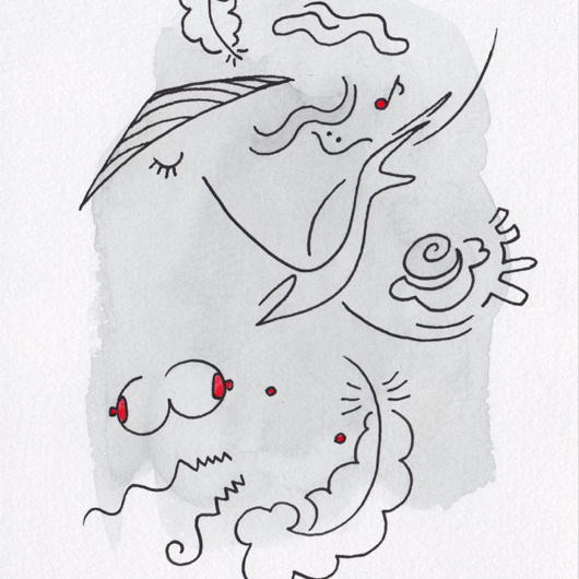 Dessin abstrait avec des lignes noires et des touches de rouge sur un fond gris clair.