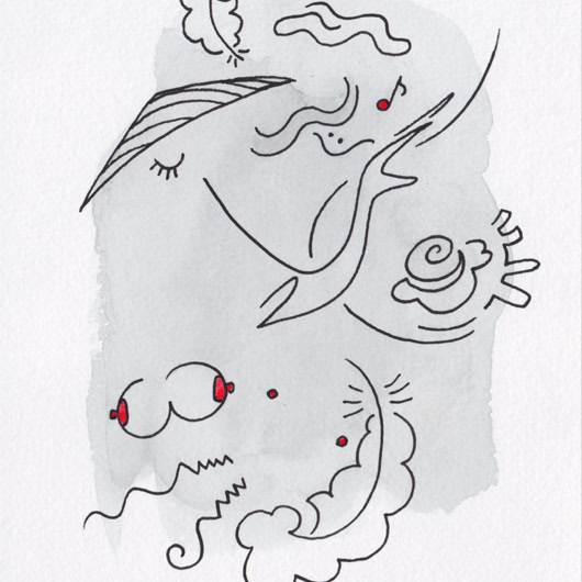 Dessin abstrait avec des lignes noires et des touches de rouge sur un fond gris clair.