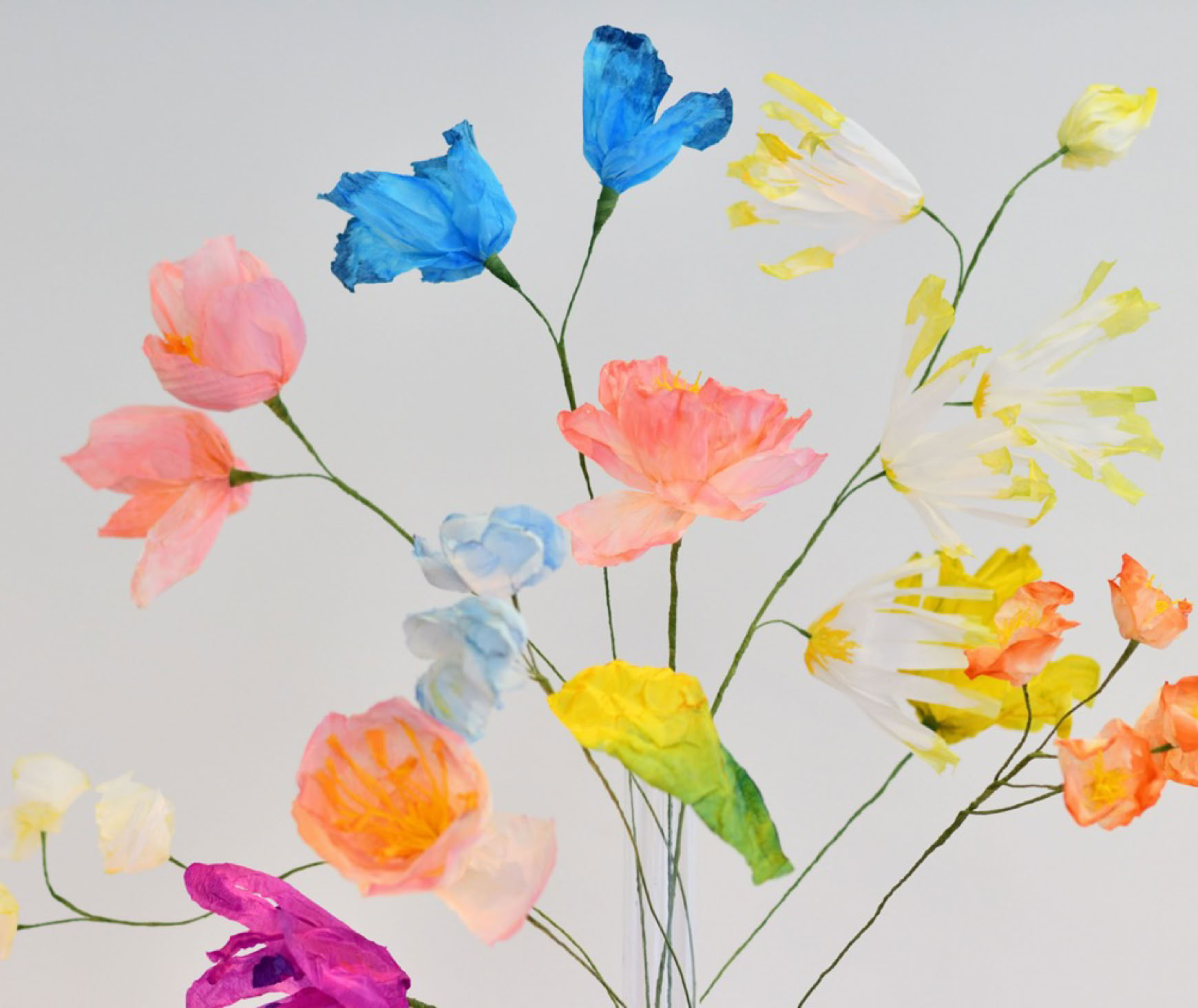 Installation suspendue de sculpture de fleurs en papier. Photographies.