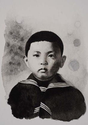 Illustration de la série *Enfance sans biographiel* par Denis Tcheskiss. Aquarelle miniature au format Artist Trading Card 63 x 89 mm. Exposition : 2018. Galerie de l'Artsenal. Delémont