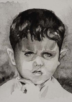 Illustration de la série *Enfance sans biographiel* par Denis Tcheskiss. Aquarelle miniature au format Artist Trading Card 63 x 89 mm. Exposition : 2018. Galerie de l'Artsenal. Delémont