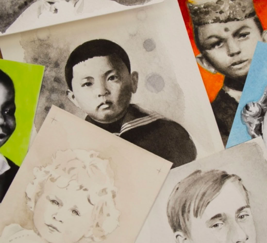 Portraits de personnalité à l'âge de l'enfance. Aquarelle miniature au format Art Trading Card, photographié et agrandi par impression sur papier aquarelle en grand format. Exposition à la Galerie de l'Artsenal (2018)