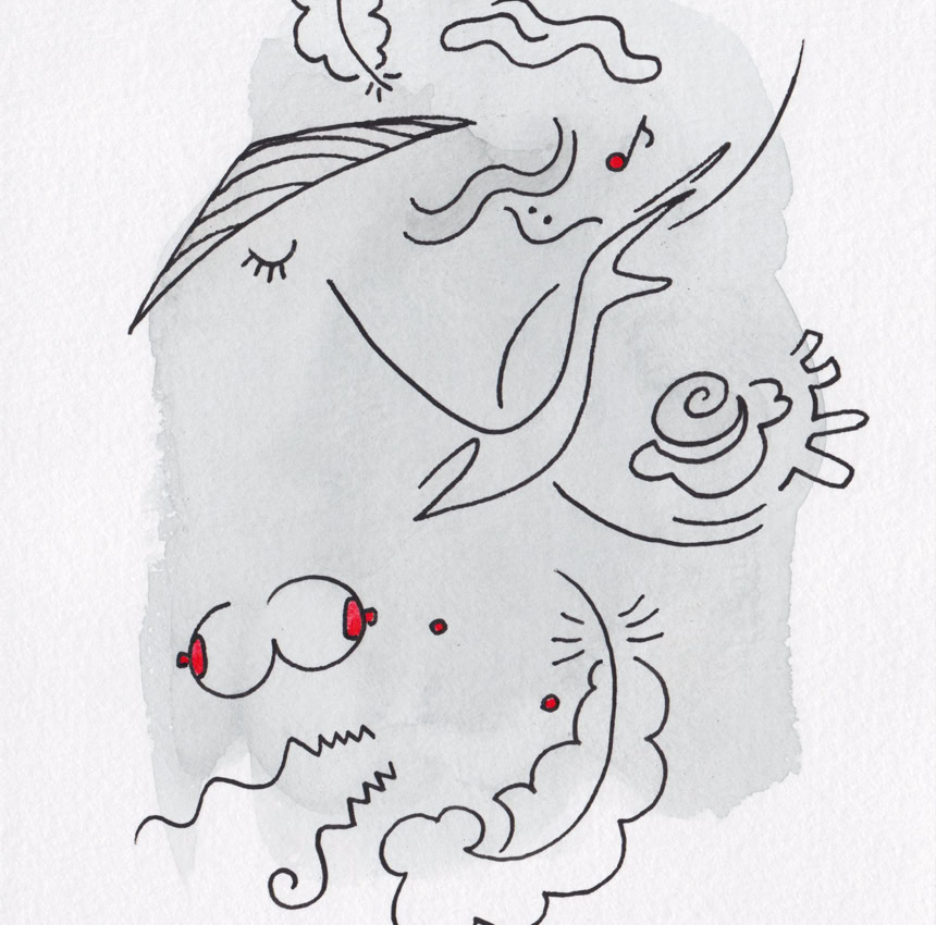 Dessin abstrait avec des lignes noires et des touches de rouge sur un fond gris clair.