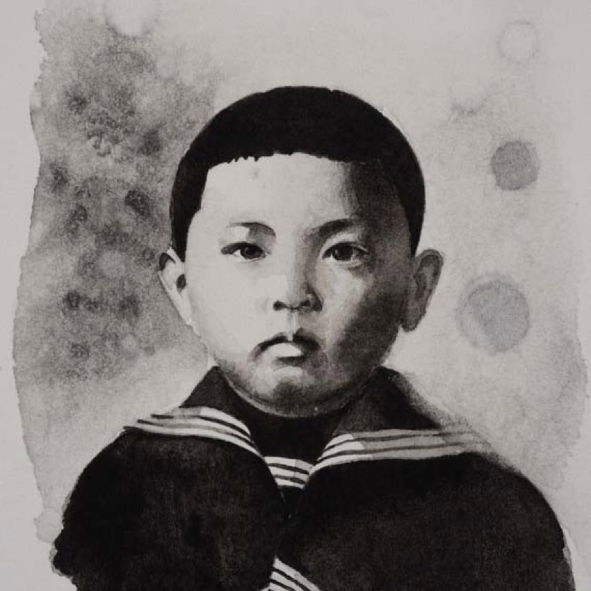 Portraits de personnalité à l'âge de l'enfance. Aquarelle miniature au format Art Trading Card, photographié et agrandi par impression sur papier aquarelle en grand format. Exposition à la Galerie de l'Artsenal (2018)