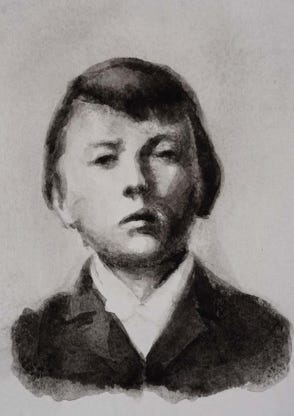 Illustration de la série *Enfance sans biographiel* par Denis Tcheskiss. Aquarelle miniature au format Artist Trading Card 63 x 89 mm. Exposition : 2018. Galerie de l'Artsenal. Delémont