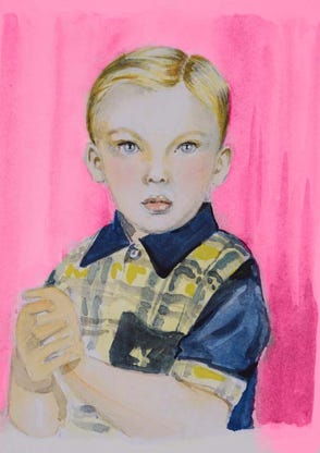 Illustration de la série *Enfance sans biographiel* par Denis Tcheskiss. Aquarelle miniature au format Artist Trading Card 63 x 89 mm. Exposition : 2018. Galerie de l'Artsenal. Delémont