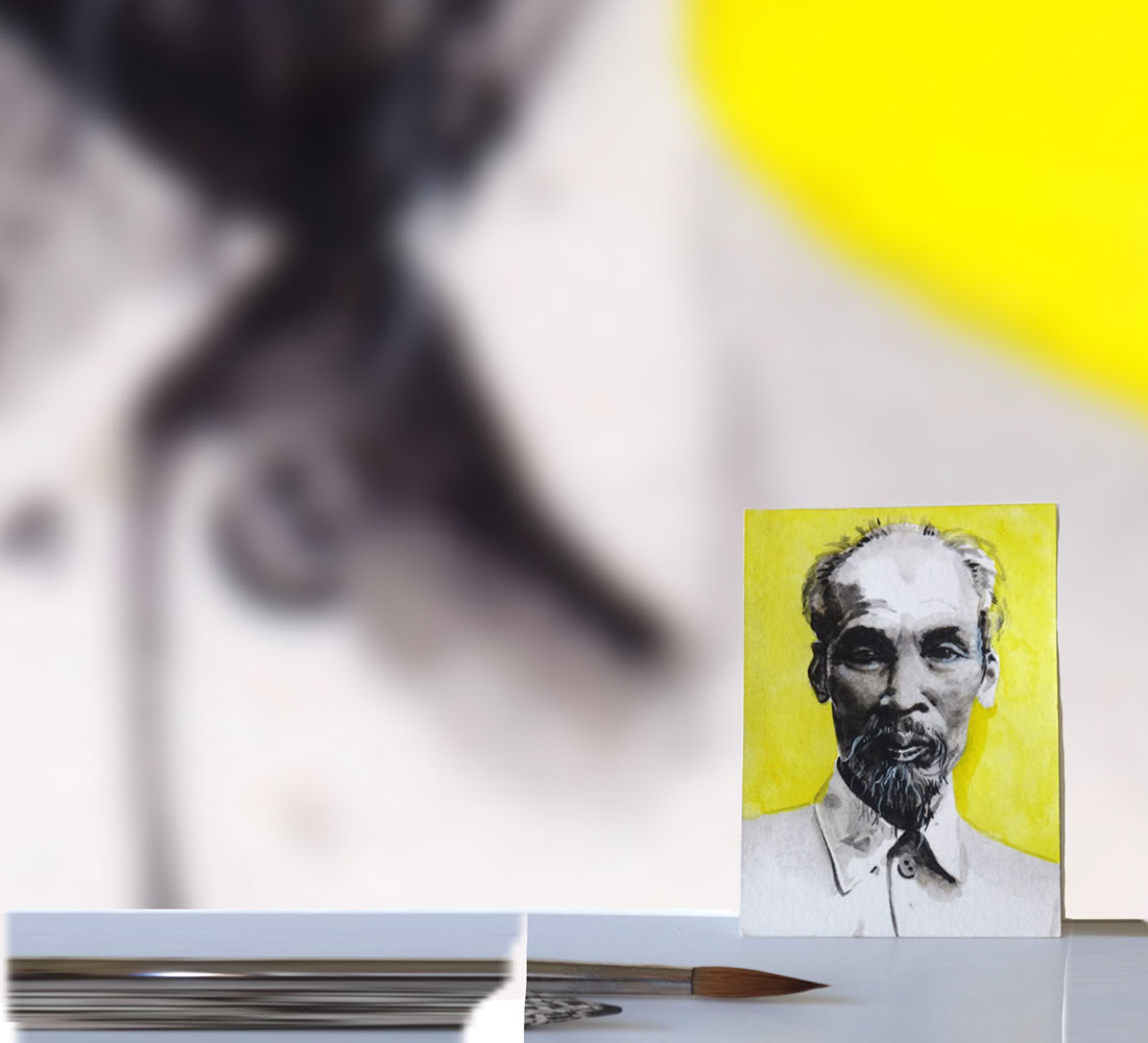 Portraits de personnalité. Aquarelle miniature au format Art Trading Card, photographié et agrandi par impression sur papier aquarelle en grand format. Exposition à Biennale Visarte Jura (2016)