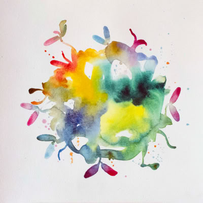 Aquarelle abstraite avec des taches de couleurs vives, incluant du jaune, vert, bleu, rouge et violet, sur un fond blanc.