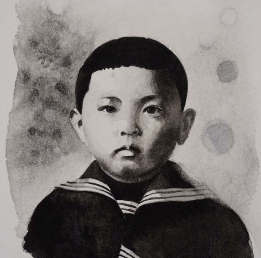 Portraits de personnalité à l'âge de l'enfance. Aquarelle miniature au format Art Trading Card, photographié et agrandi par impression sur papier aquarelle en grand format. Exposition à la Galerie de l'Artsenal (2018)