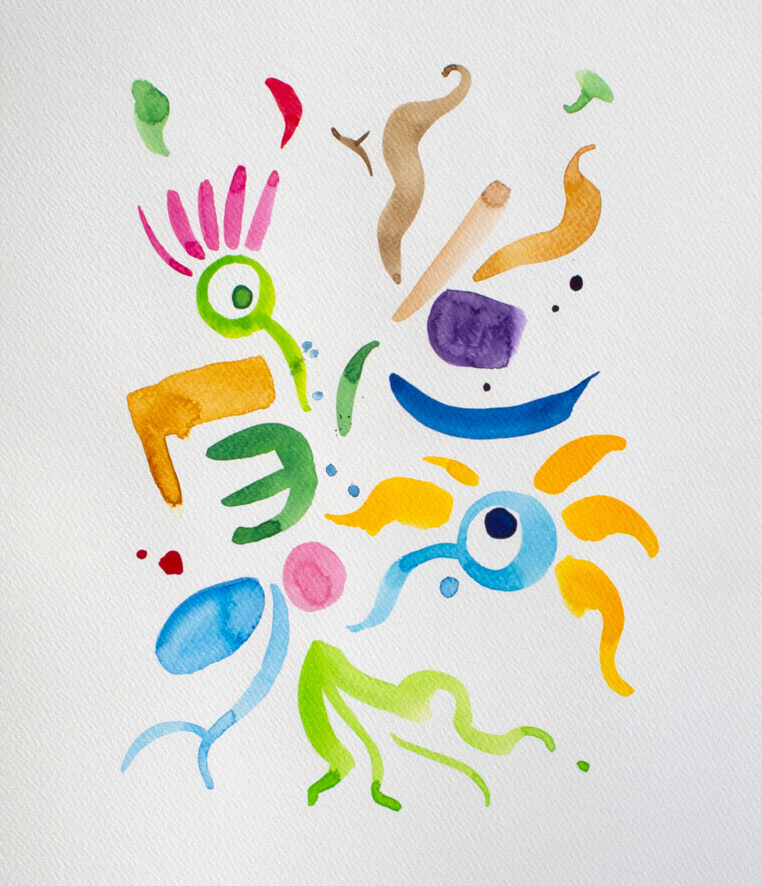 Illustration abstraite avec des formes colorées et variées sur fond blanc.