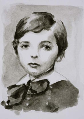 Illustration de la série *Enfance sans biographiel* par Denis Tcheskiss. Aquarelle miniature au format Artist Trading Card 63 x 89 mm. Exposition : 2018. Galerie de l'Artsenal. Delémont