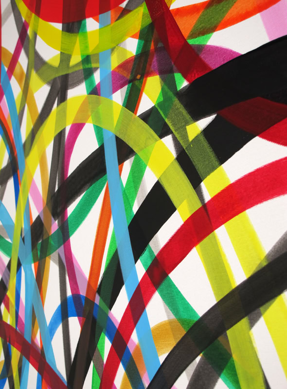 Des lignes courbes multicolores entrelacées sur un fond blanc.