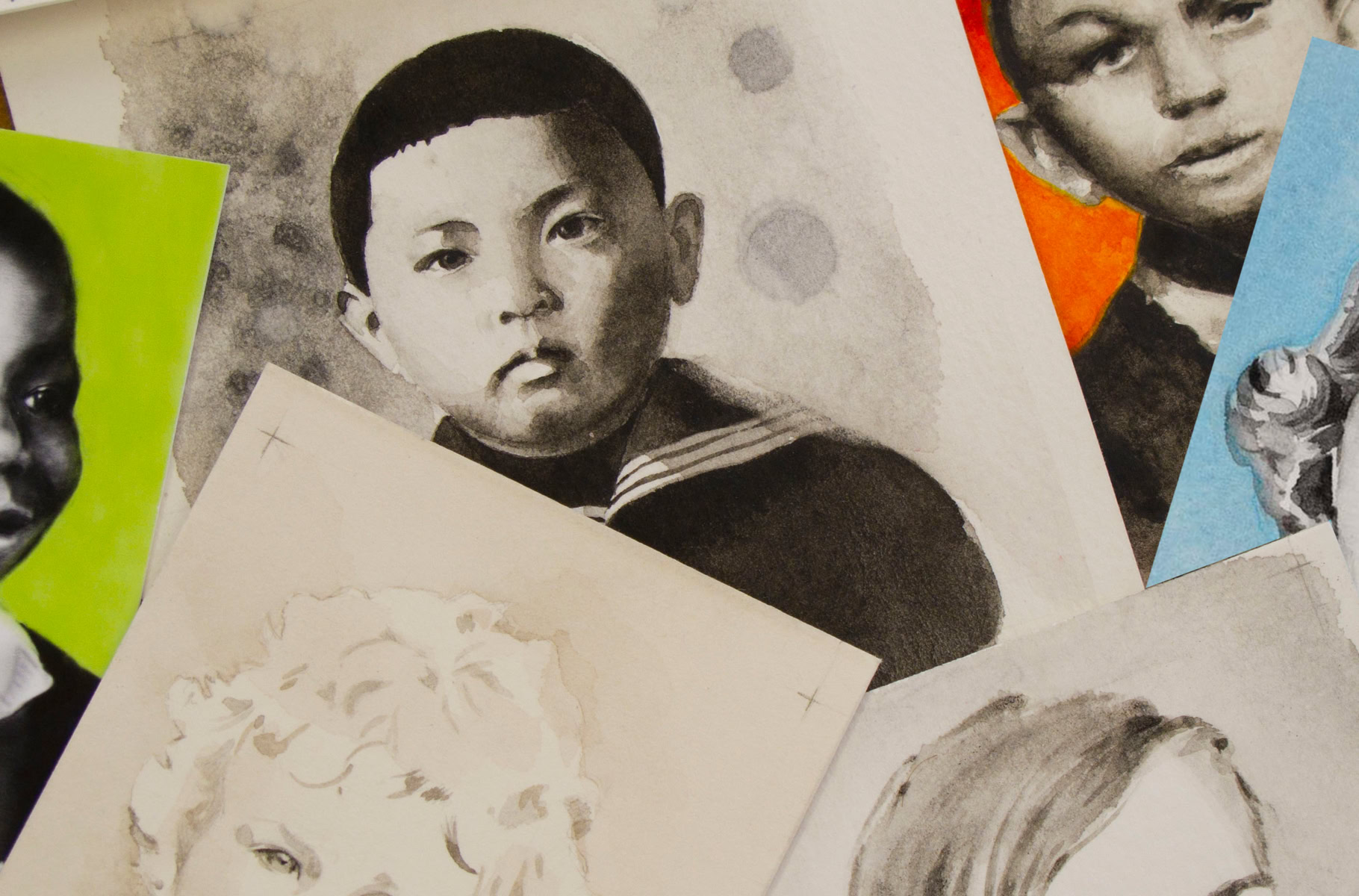 Aquarelle en noir et blanc et en couleur de plusieurs enfants, disposées de manière aléatoire.