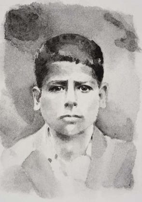 Illustration de la série *Enfance sans biographiel* par Denis Tcheskiss. Aquarelle miniature au format Artist Trading Card 63 x 89 mm. Exposition : 2018. Galerie de l'Artsenal. Delémont