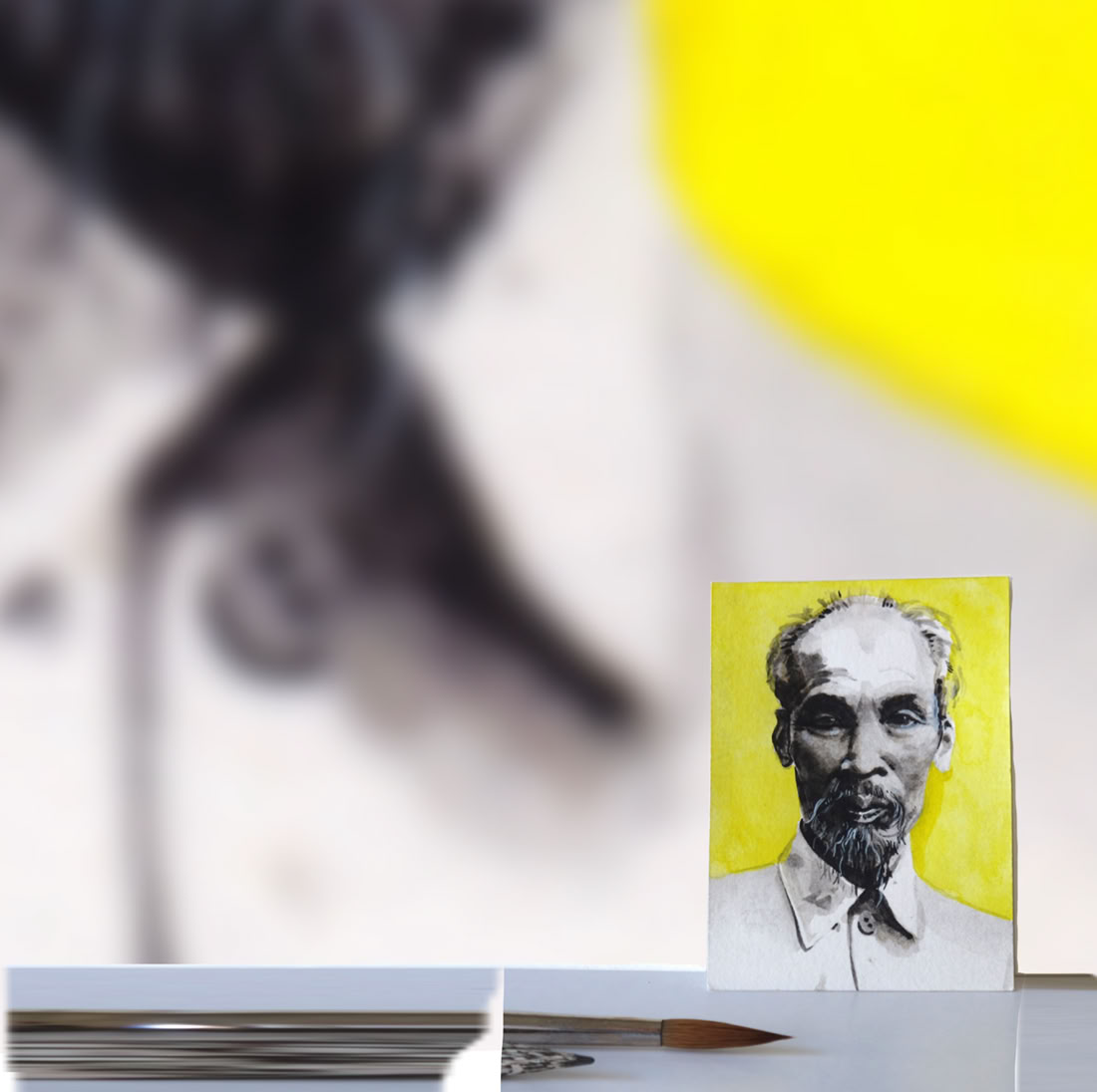 Portraits de personnalité. Aquarelle miniature au format Art Trading Card, photographié et agrandi par impression sur papier aquarelle en grand format. Exposition à Biennale Visarte Jura (2016)