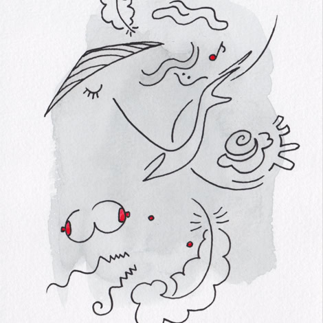 Dessin abstrait avec des lignes noires et des touches de rouge sur un fond gris clair.