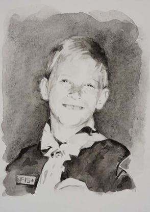 Illustration de la série *Enfance sans biographiel* par Denis Tcheskiss. Aquarelle miniature au format Artist Trading Card 63 x 89 mm. Exposition : 2018. Galerie de l'Artsenal. Delémont