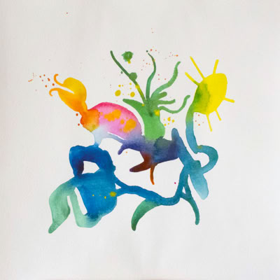 Illustration abstraite avec des formes organiques et des couleurs vives, incluant du jaune, bleu, vert et rose sur fond blanc.