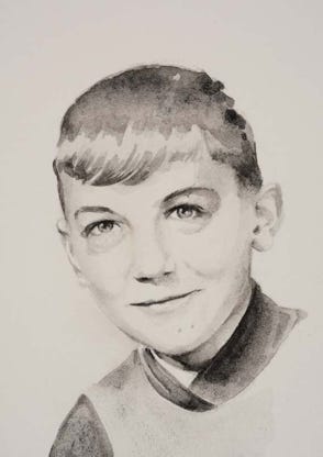 Illustration de la série *Enfance sans biographiel* par Denis Tcheskiss. Aquarelle miniature au format Artist Trading Card 63 x 89 mm. Exposition : 2018. Galerie de l'Artsenal. Delémont