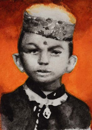 Illustration de la série *Enfance sans biographiel* par Denis Tcheskiss. Aquarelle miniature au format Artist Trading Card 63 x 89 mm. Exposition : 2018. Galerie de l'Artsenal. Delémont
