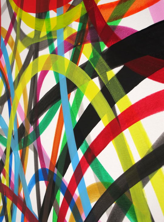 Des lignes courbes multicolores entrelacées sur un fond blanc.